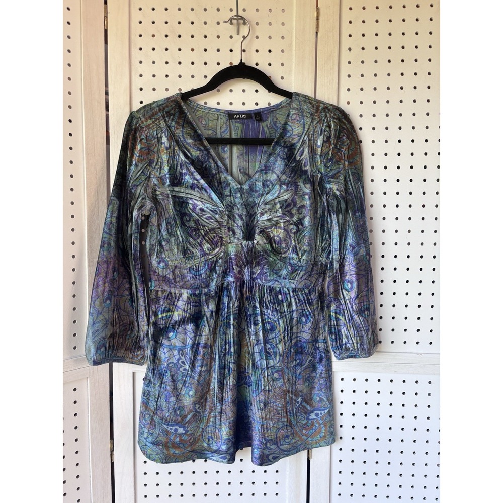 Apt. 9 Women's Sm V-Neck Velour Abstract Print Colorful 3/4 SLV Blouse Artsy